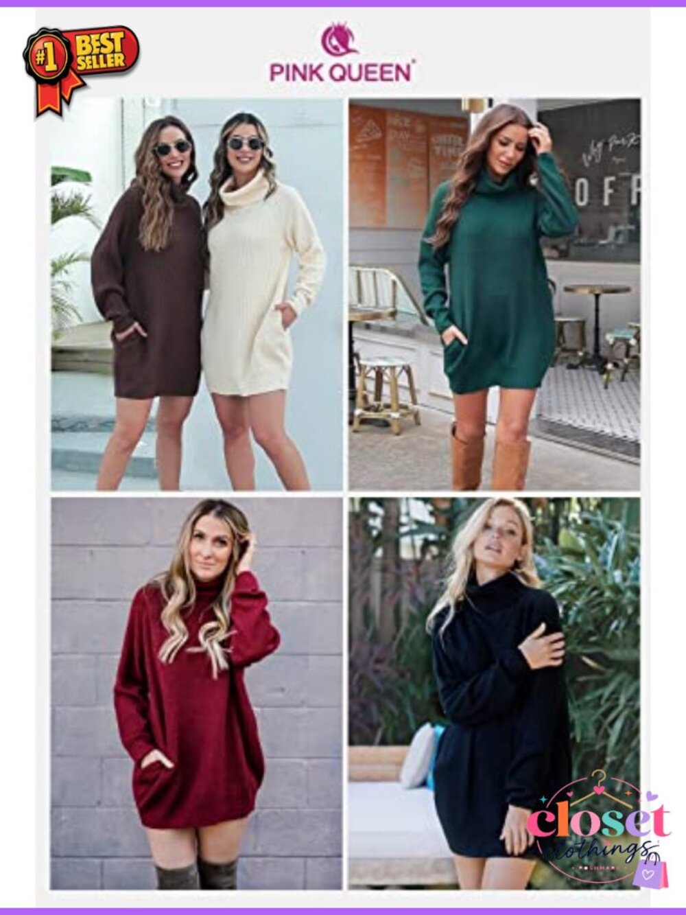 Oversized Turtleneck Sweater Dress 100% Acrylic Chunky Knit Mini Pullover - Picture 3 of 5